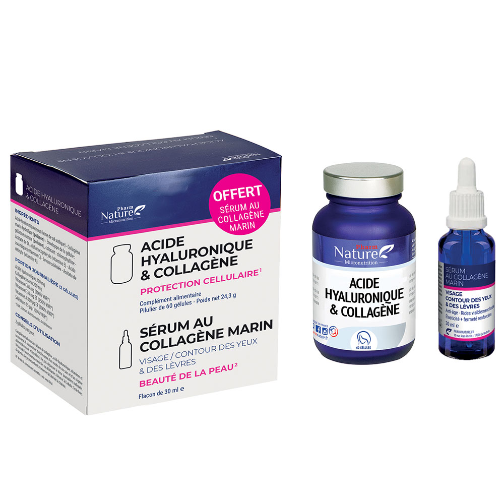 Kersiens Acide hyaluronique & collagène 60 gélules Nature Attitude + Sérum au Collagène Marin 30 ml Offert
