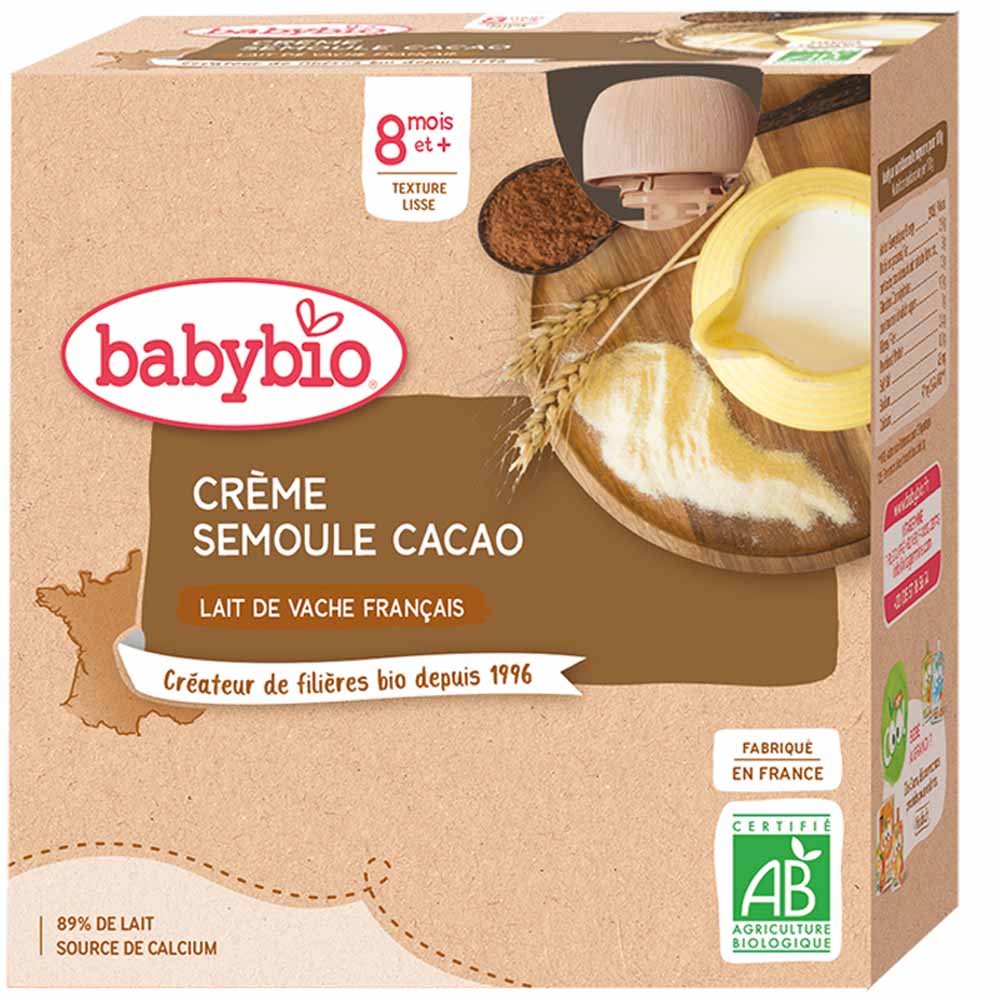 Babybio 8 Months Organic Cocoa Semolina Cream Gourd Dessert Lacte 4x85g
