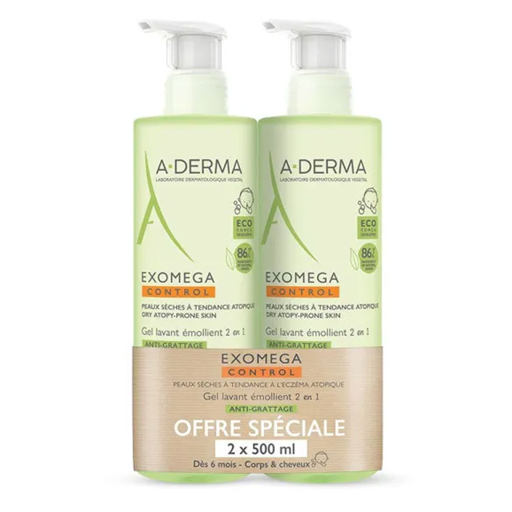 A-Derma Exomega Control Emollient Body And Hair Wash Gel Body & Hair 2x500ml