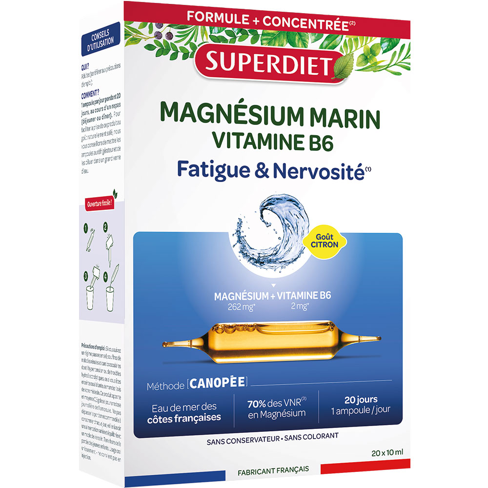 Superdiet Marine magnesium with vitamin B6 helps with fatigue and nervous tension 20 x 10 ml ampoules