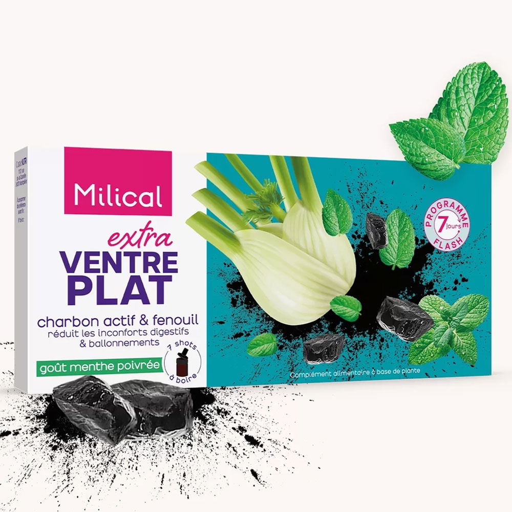 Milical Flat Stomach Extra Activated Charcoal peppermint flavour 7 x 10 ml doses