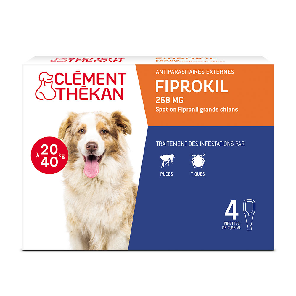 Clement-Thekan Fiprokil Anti-Puces Anti-Tiques Chien 20-40kg 4 Pipettes 2.68ml x 4 pipettes