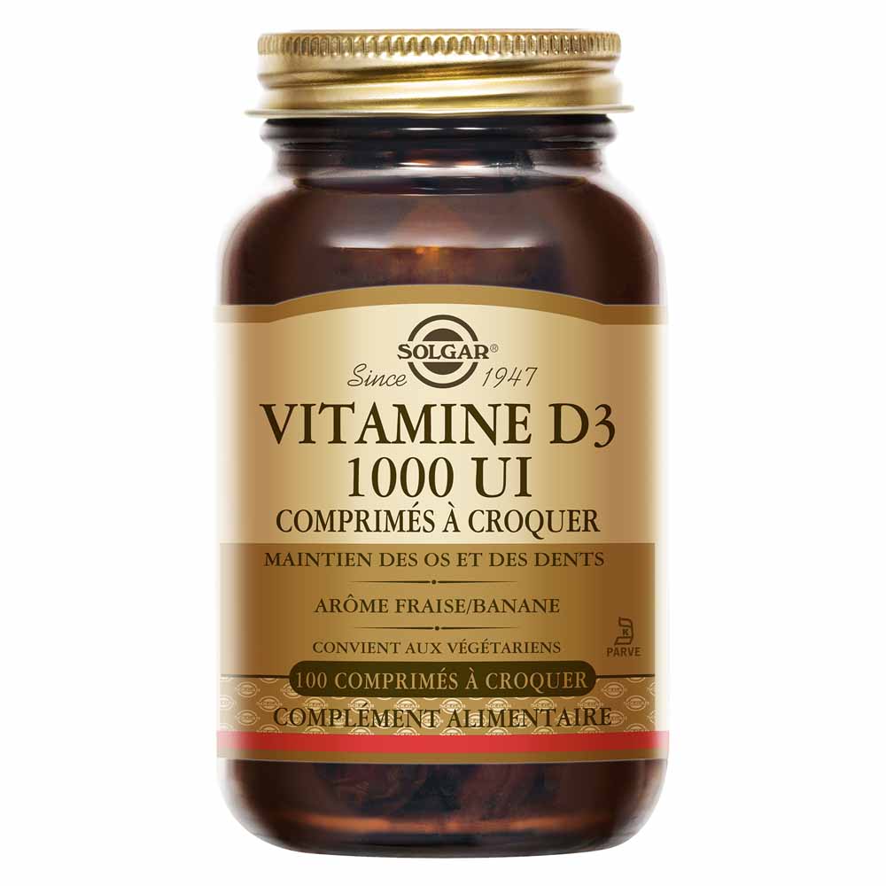 Solgar Vitamin D3 1000 IU chewable strawberry/banana flavour immune support 100 chewable tablets