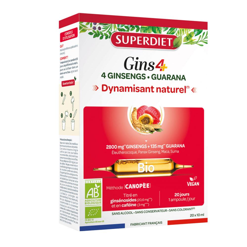 Superdiet Gins4+ 4 ginsengs and guarana natural energy booster 20 x 10 ml ampoules
