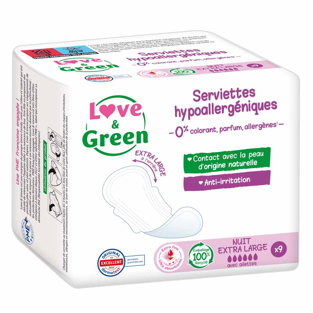 Love&Green Night Extra Large Pads Anti-irritation 9 Serviettes