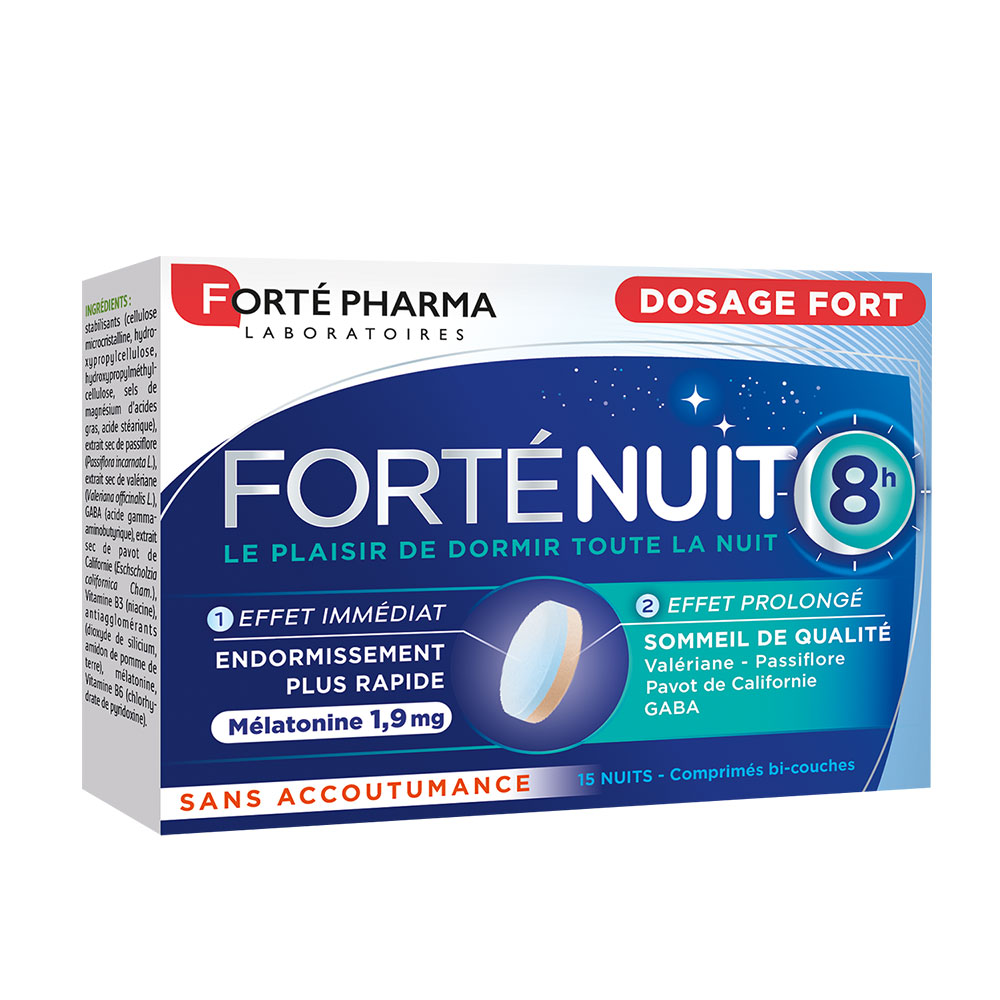 Forté Pharma Forté Night Sleep 8H Melatonin and Plants falls asleep faster and promotes quality sleep 15 bi-layer tablets